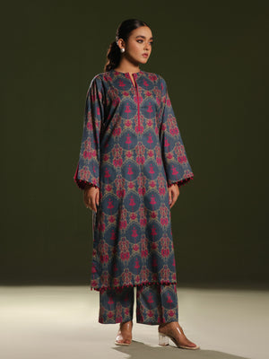 2Pc Printed Pret Shirt Trouser Cambric Blue/Pink - OW2P-2411003