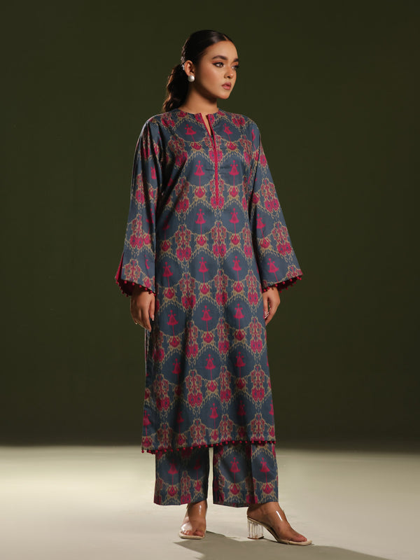 2Pc Printed Pret Shirt Trouser Cambric Blue/Pink - OW2P-2411003