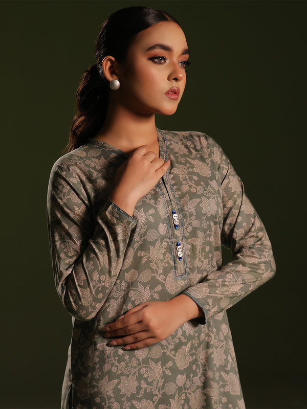 2Pc Printed Pret Shirt Trouser Cambric Green - OW2P-2411006