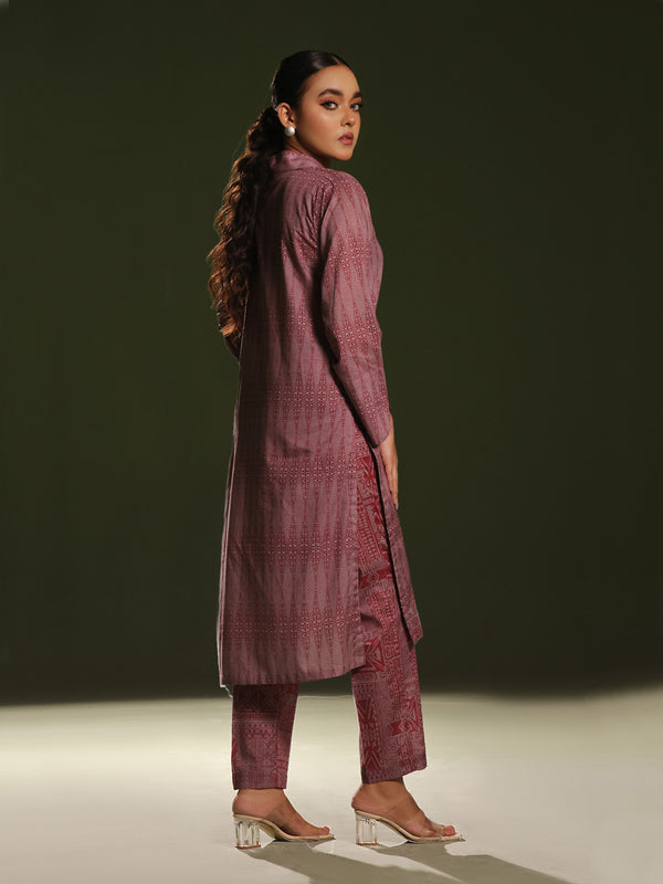 2Pc Printed Pret Shirt Trouser Cambric Maroon - OW2P-2411005