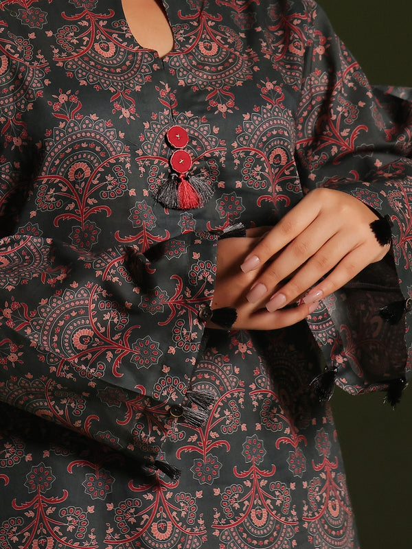 2Pc Printed Pret Shirt Trouser Cambric Dark Green - OW2P-2411002