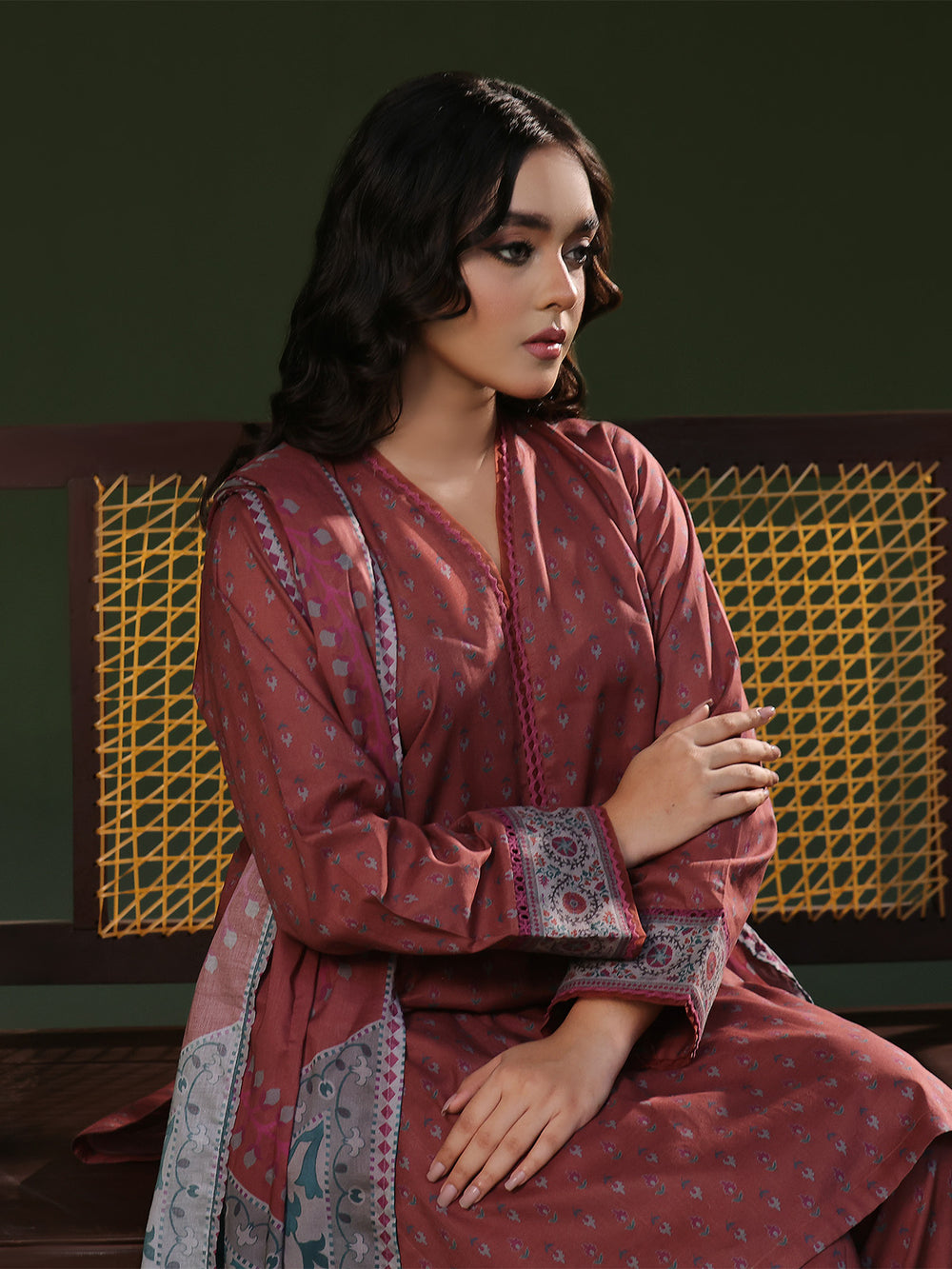 3Pc Printed Pret Suit Cambric Brown - OW3P-2411014