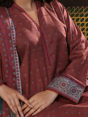 3Pc Printed Pret Suit Cambric Brown - OW3P-2411014