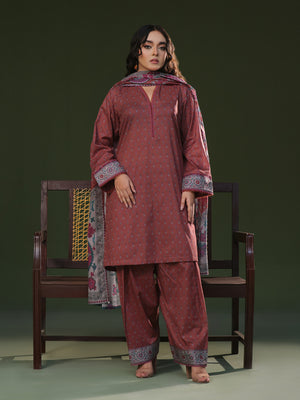 3Pc Printed Pret Suit Cambric Brown - OW3P-2411014