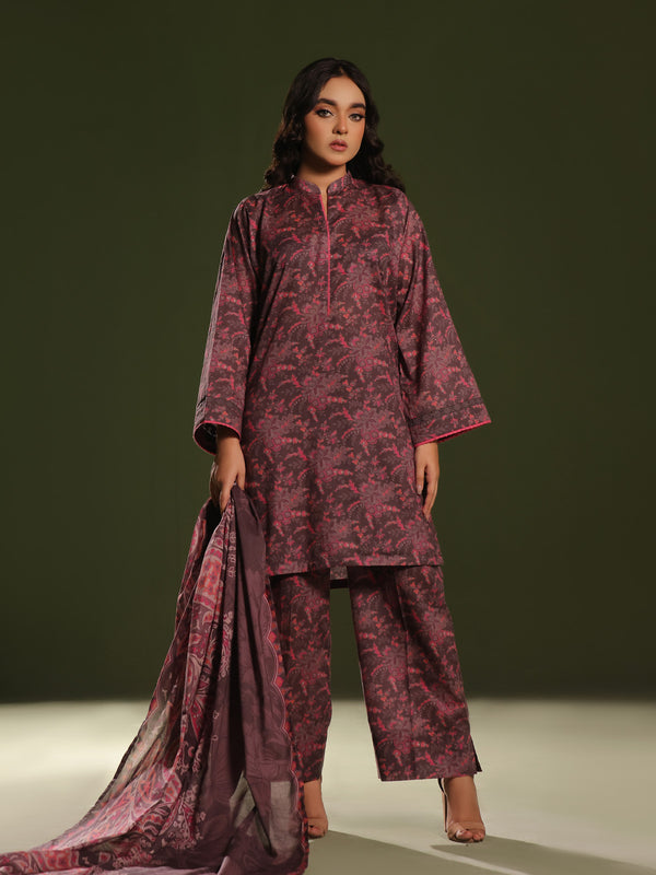 3Pc Printed Pret Suit Cambric Brown - OW3P-2411020