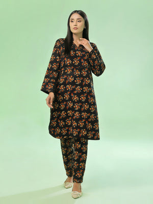 2Pc Printed Unstitched Shirt Trouser Lawn Black & Orange - OL2P-6442-A