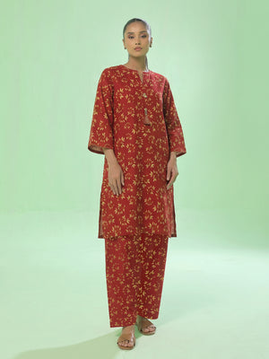 2Pc Printed Unstitched Shirt Trouser Lawn Red - OL2P-6451-A