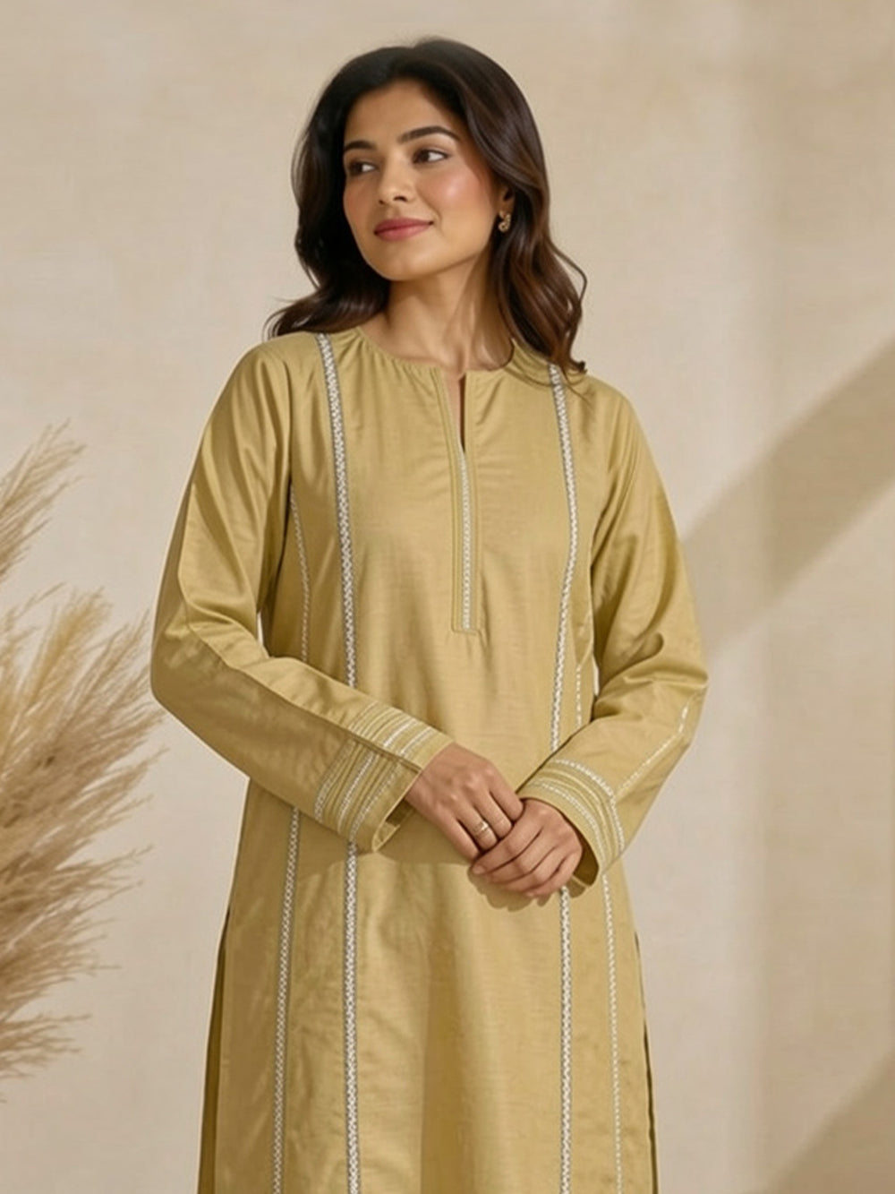2Pc Solid Pret Shirt Trouser Cotton Silk Light Yellow - OW2P-2508005
