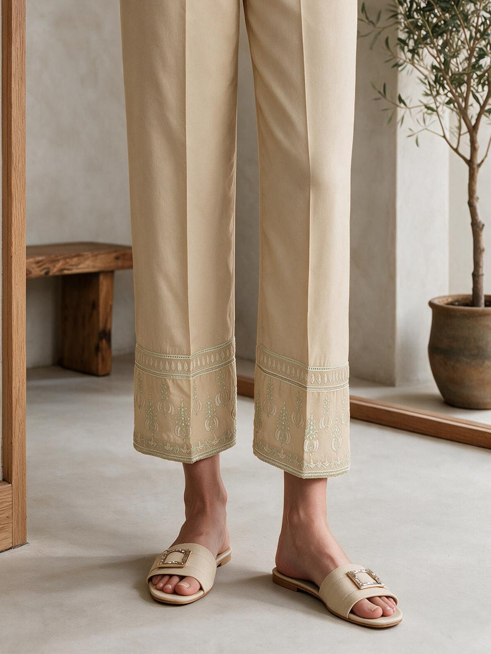 Women Beige Cambric Embroidered Trouser - OWESP-2301030-1