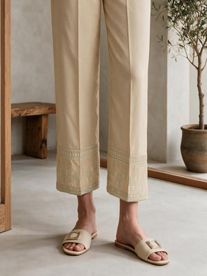 Women Beige Cambric Embroidered Trouser - OWESP-2301030-1