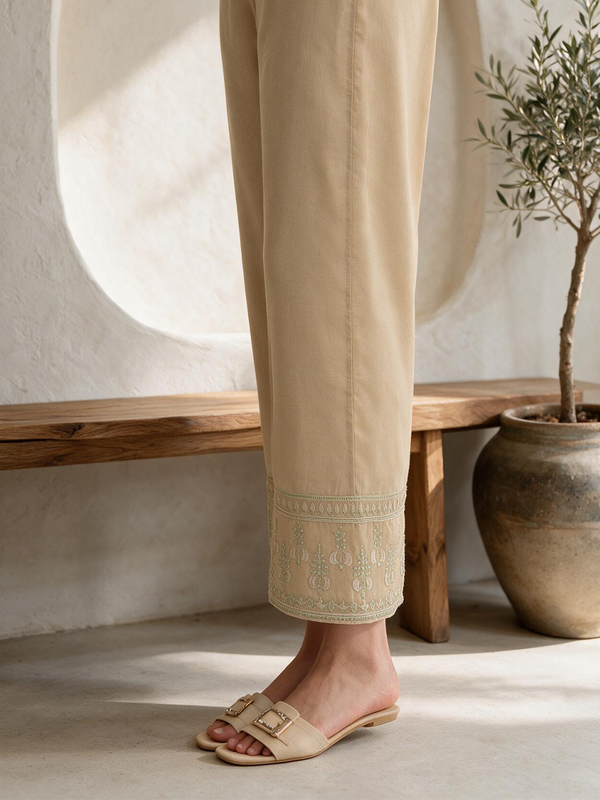 Women Beige Cambric Embroidered Trouser - OWESP-2301030-1