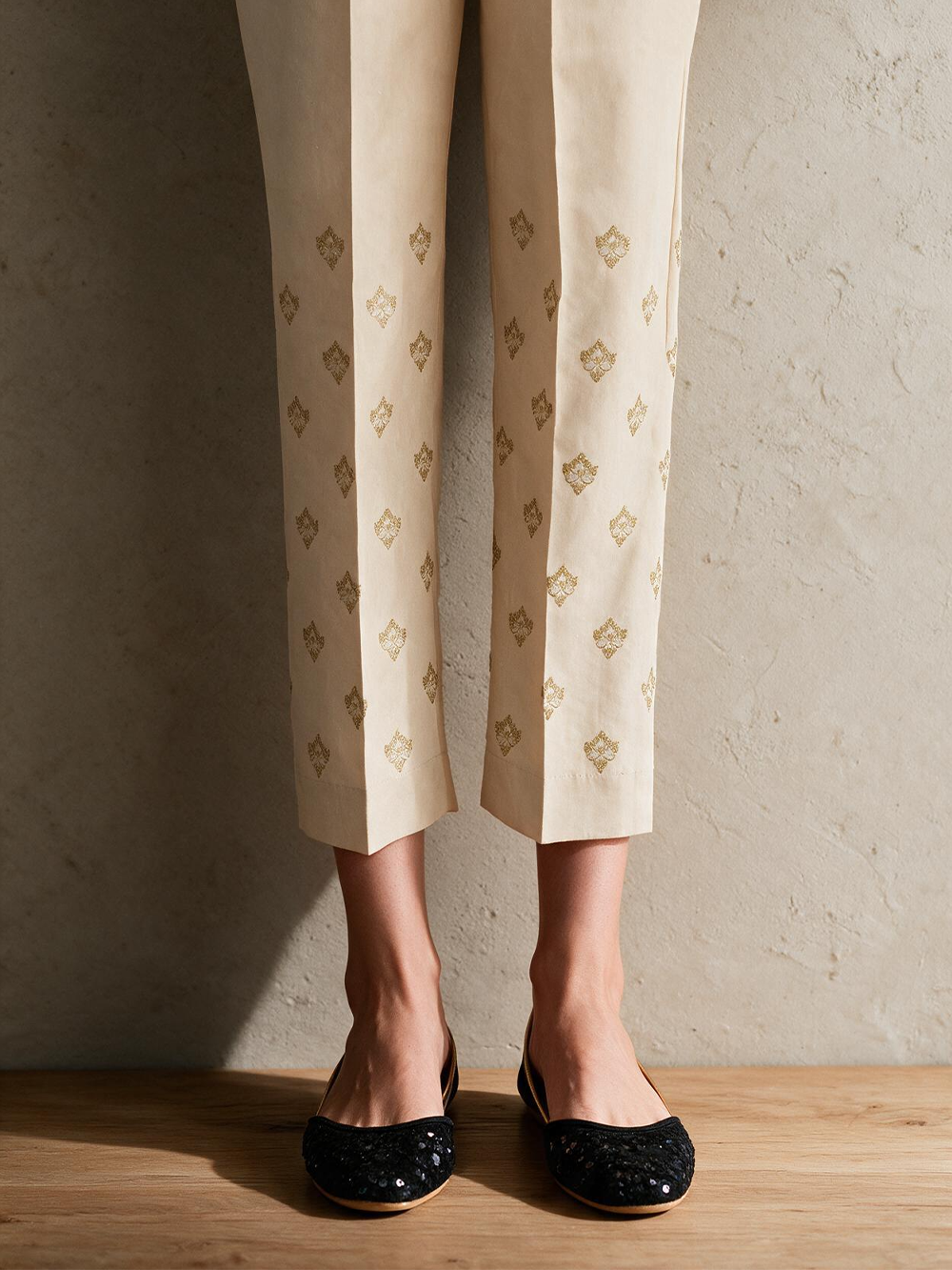 Women Beige Cotton Silk Embroidered Trouser - OWESP-2301024-5