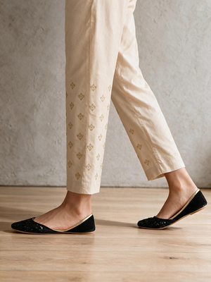 Women Beige Cotton Silk Embroidered Trouser - OWESP-2301024-5