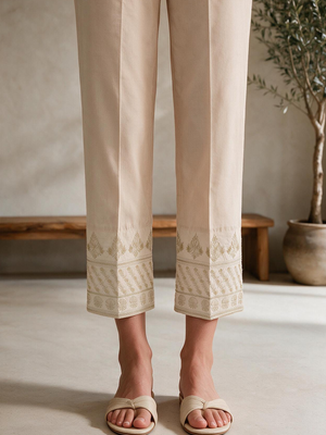 Women Beige Cotton Silk Embroidered Trouser - OWESP-2301031-2