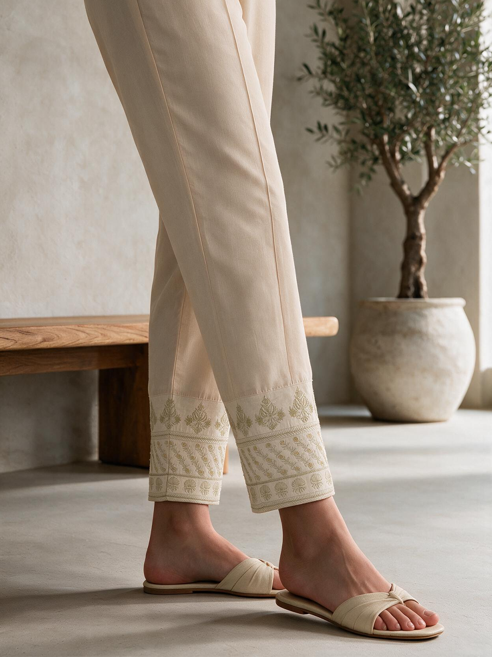 Women Beige Cotton Silk Embroidered Trouser - OWESP-2301031-2