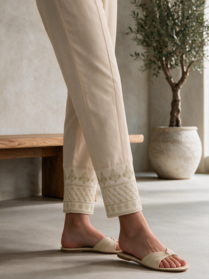 Women Beige Cotton Silk Embroidered Trouser - OWESP-2301031-2