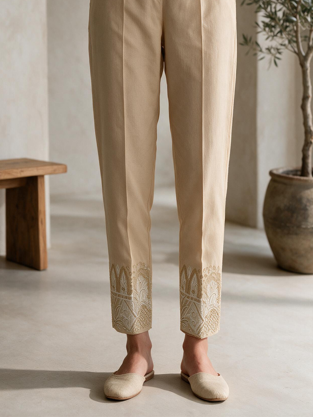 Women Beige Lawn Trouser - OWESP-2203004