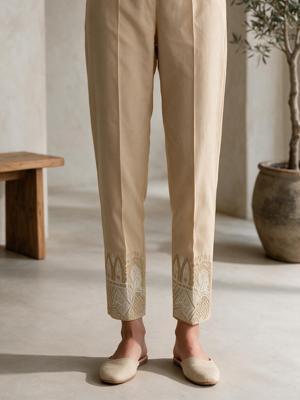 Women Beige Lawn Trouser - OWESP-2203004