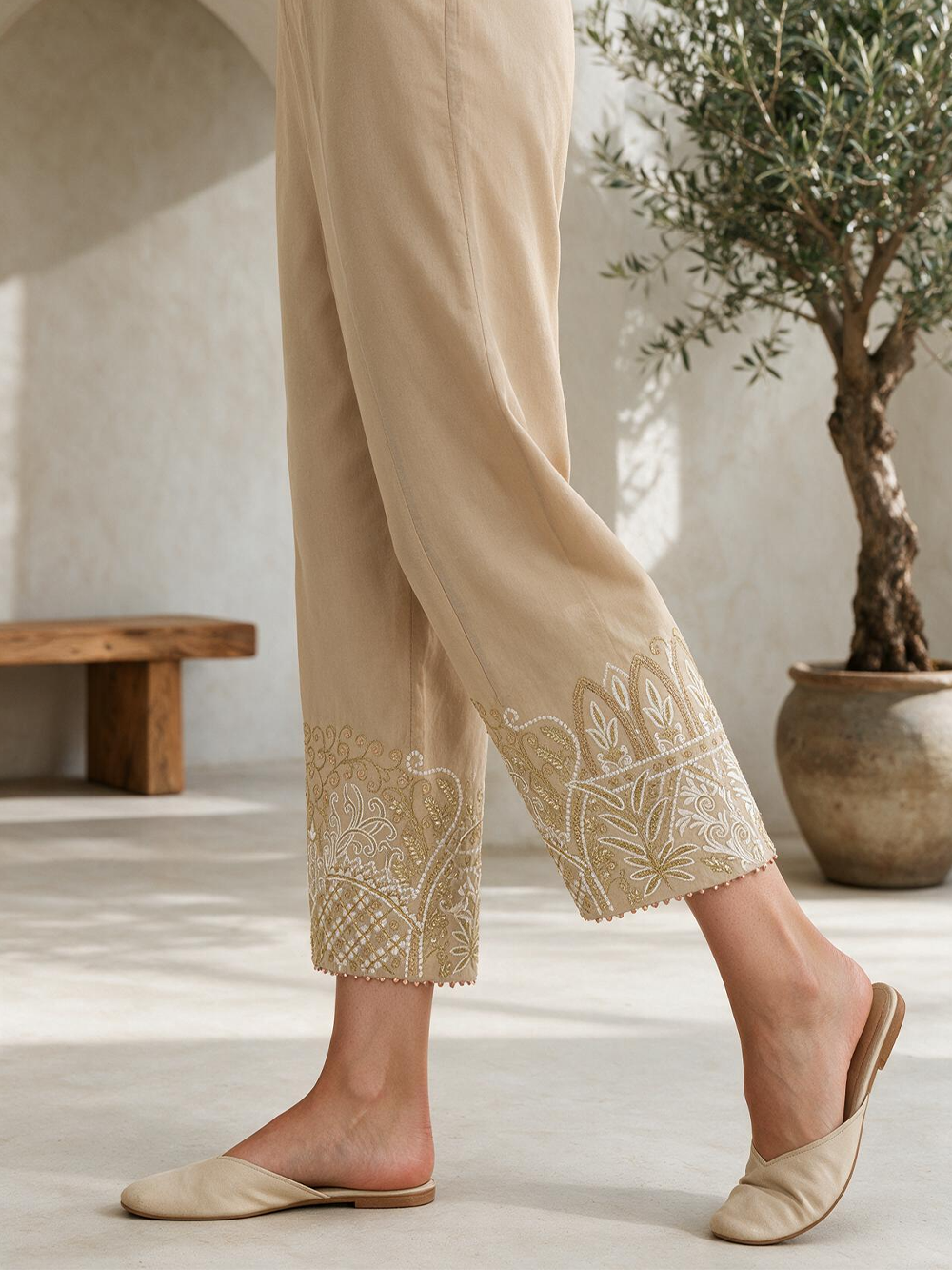 Women Beige Lawn Trouser - OWESP-2203004
