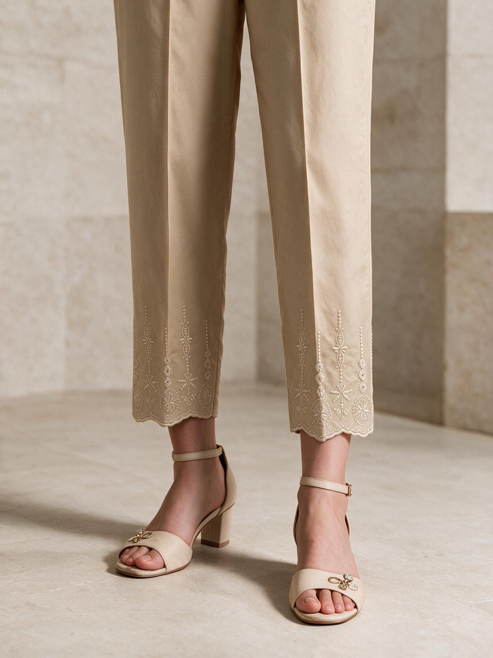 Women Beige Lawn Trouser - OWESP-2206029-1