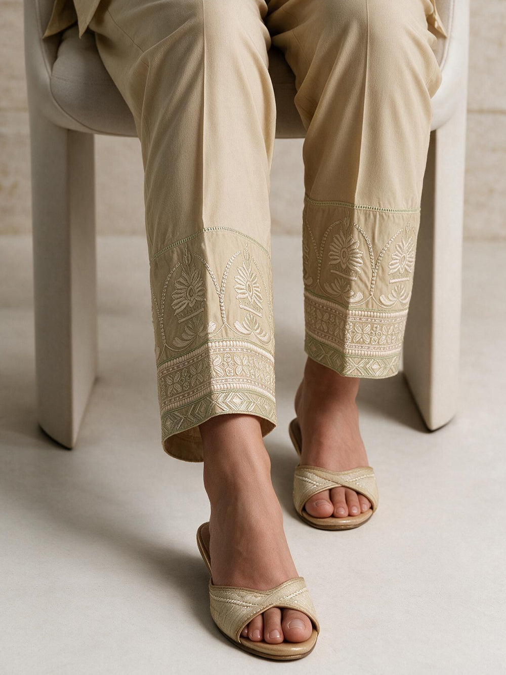 Women Beige Lawn Trouser - OWESP-2301029-1