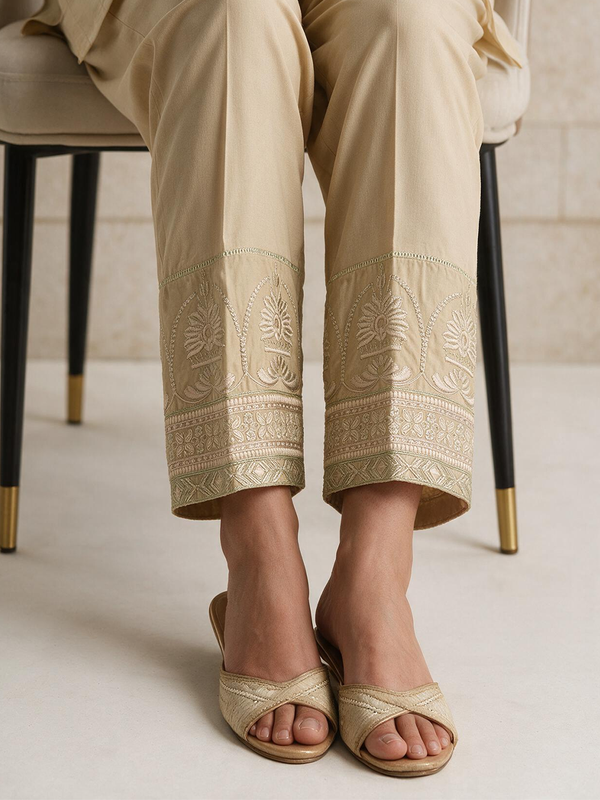 Women Beige Lawn Trouser - OWESP-2301029-1