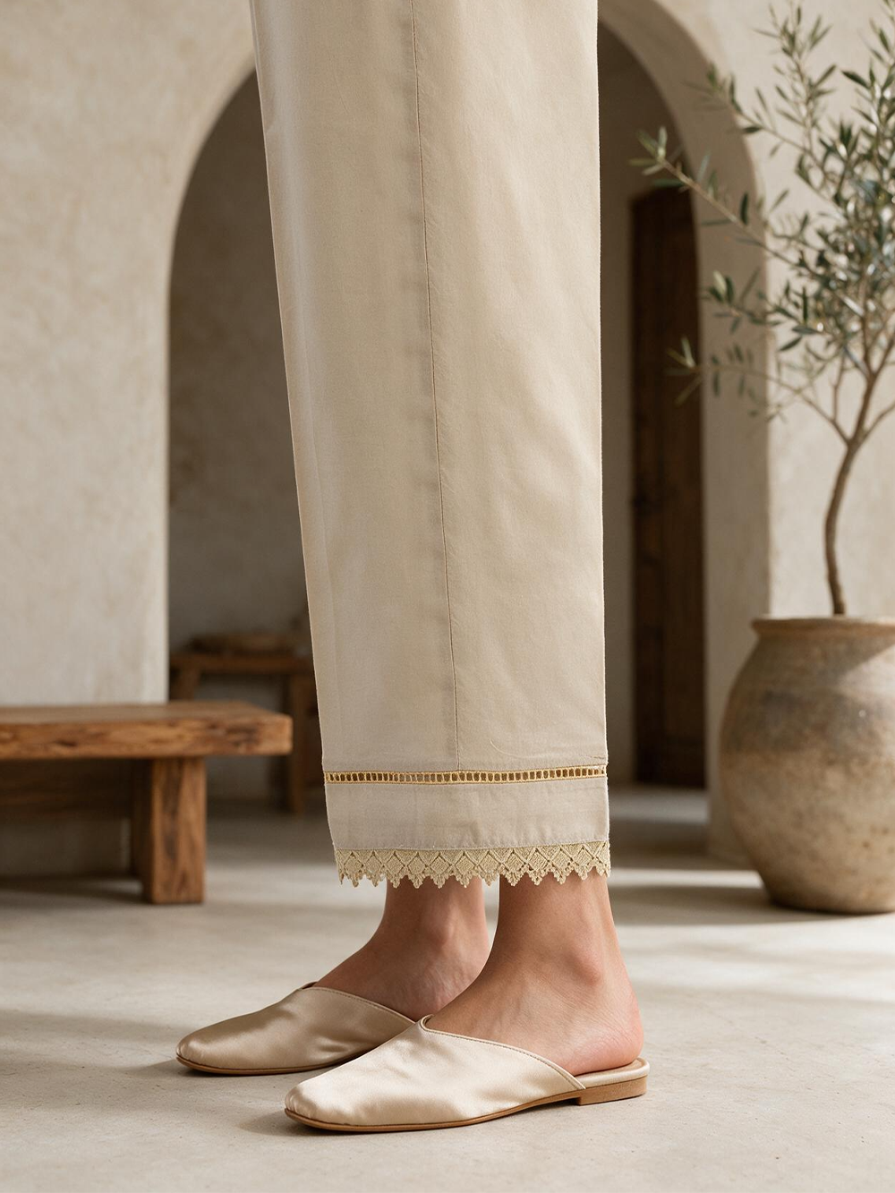 Women Beige Lawn Trouser - OWSP-2211029-2