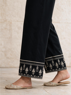 Women Black Cambric Embroidered Trouser - OWESP-2301030-2