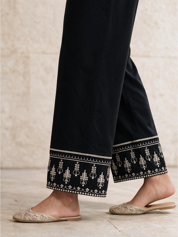 Women Black Cambric Embroidered Trouser - OWESP-2301030-2