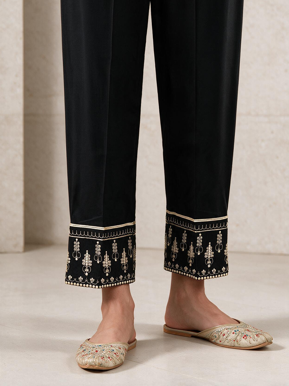 Women Black Cambric Embroidered Trouser - OWESP-2301030-2