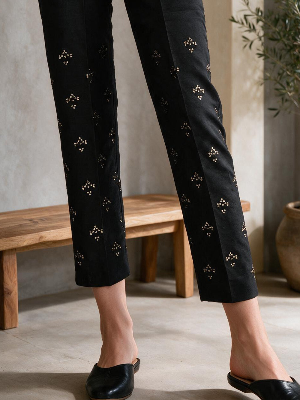 Women Black Cotton Silk Embroidered Trouser - OWESP-2301024