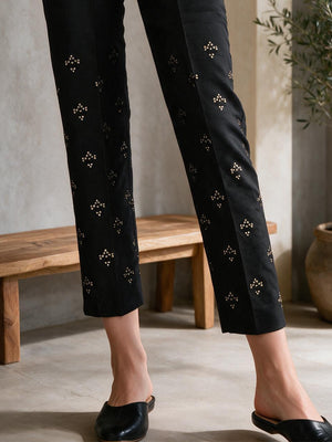 Women Black Cotton Silk Embroidered Trouser - OWESP-2301024
