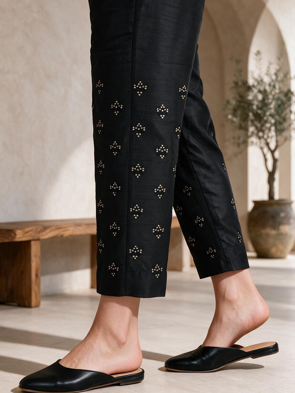 Women Black Cotton Silk Embroidered Trouser - OWESP-2301024