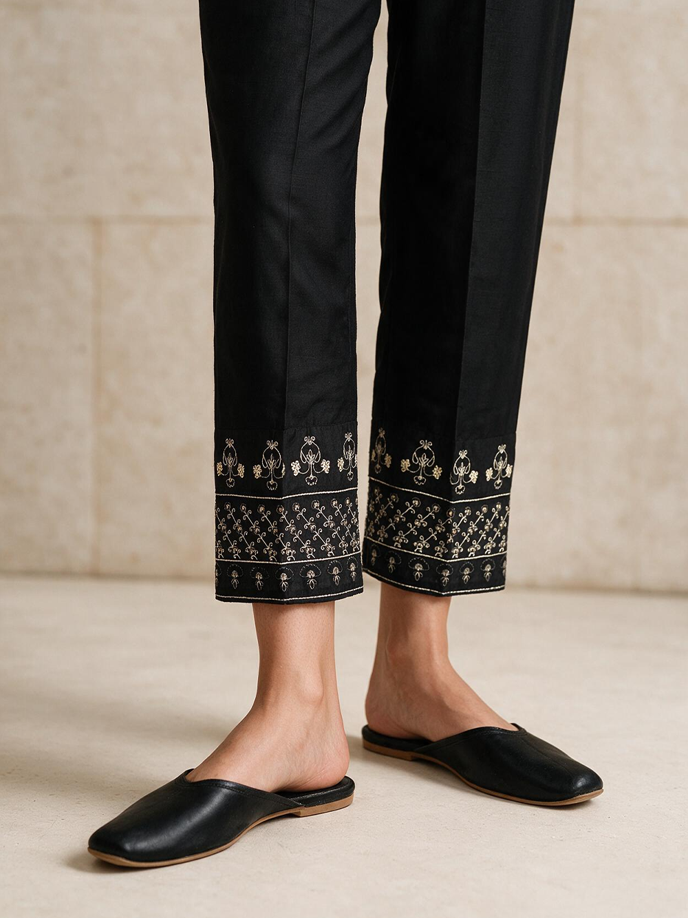 Women Black Cotton Silk Embroidered Trouser - OWESP-2301031