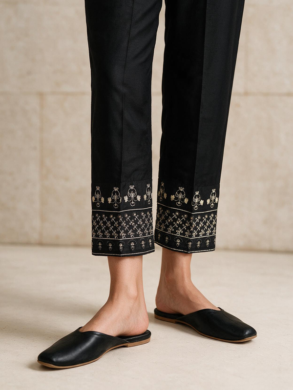 Women Black Cotton Silk Embroidered Trouser - OWESP-2301031