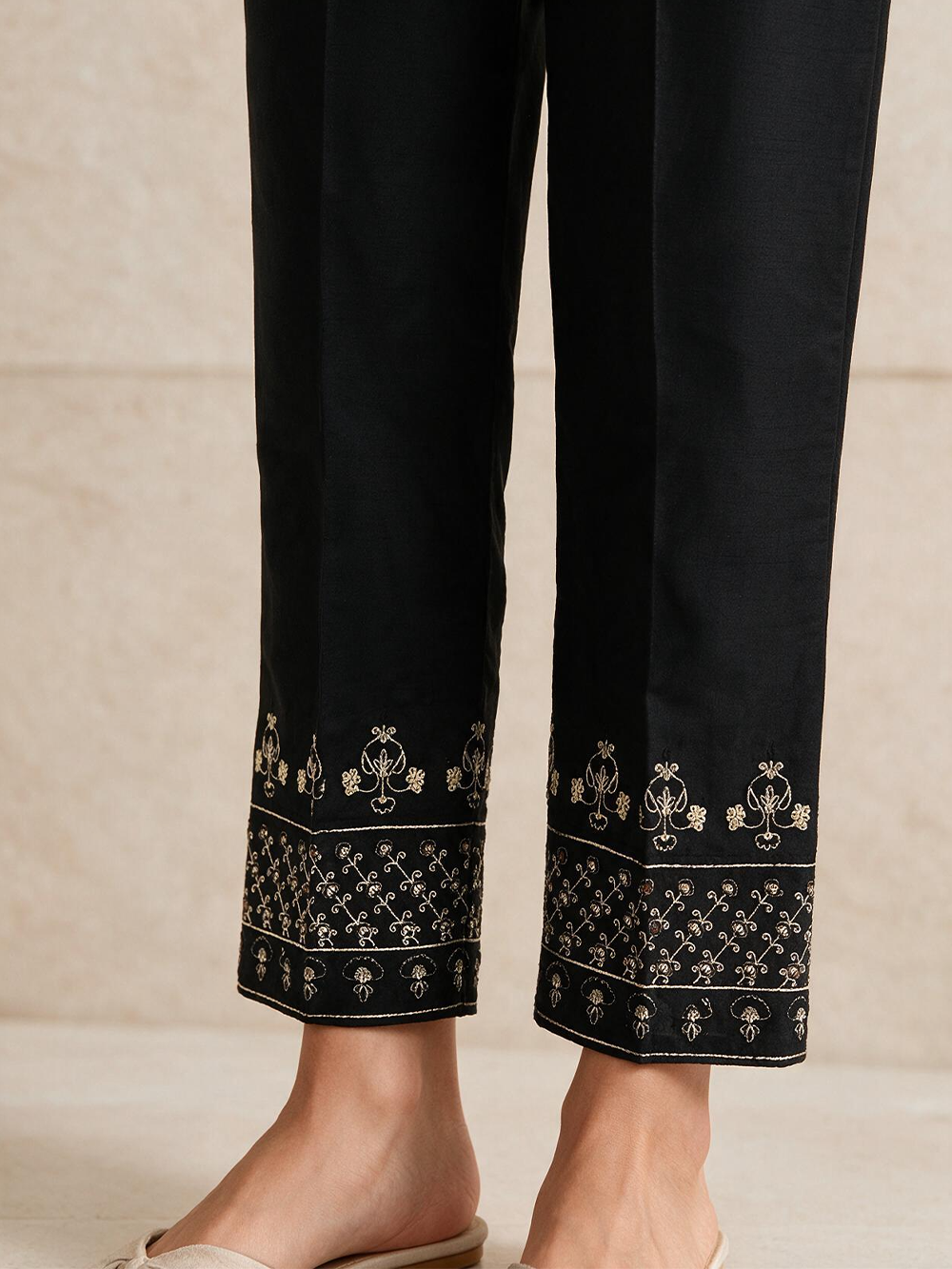 Women Black Cotton Silk Embroidered Trouser - OWESP-2301031