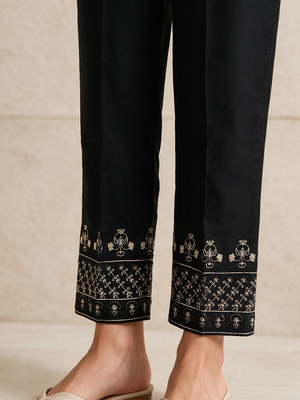 Women Black Cotton Silk Embroidered Trouser - OWESP-2301031