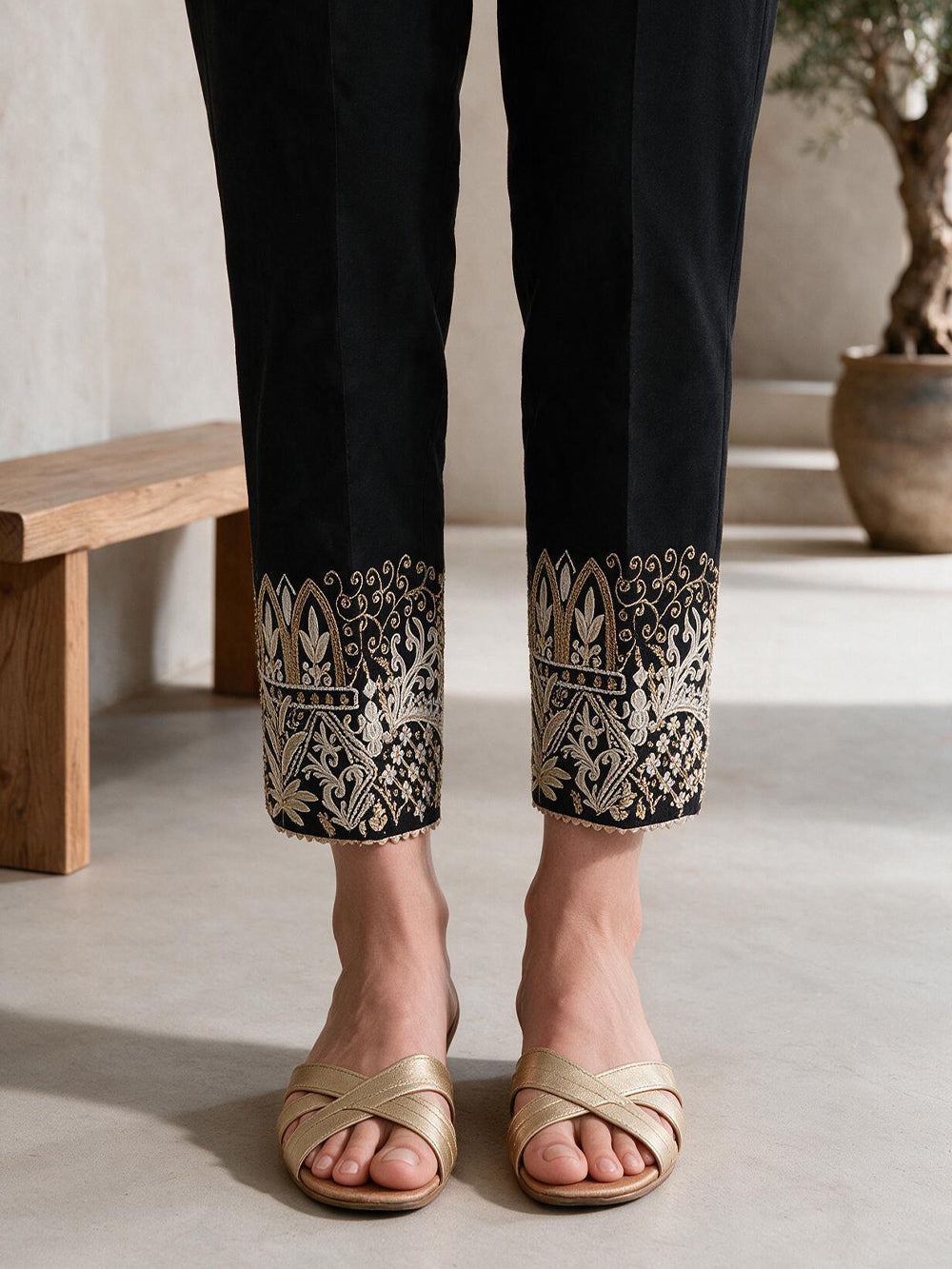 Women Black Lawn Embroidered Trouser - OWESP-2203005