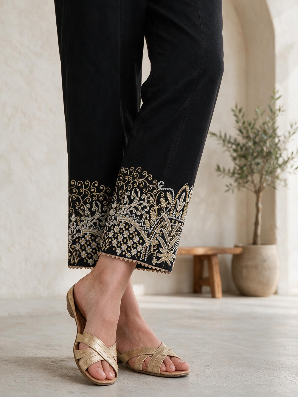 Women Black Lawn Embroidered Trouser - OWESP-2203005