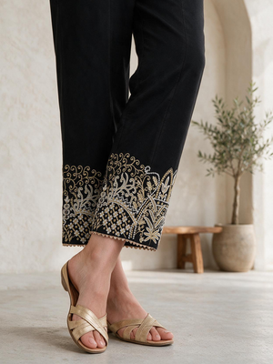 Women Black Lawn Embroidered Trouser - OWESP-2203005