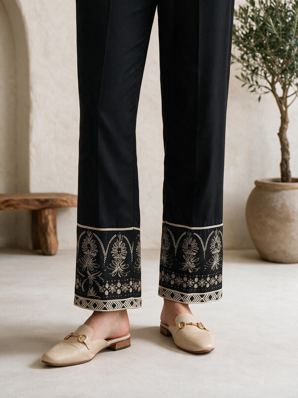 Women Black Lawn Trouser - OWESP-2301029-2