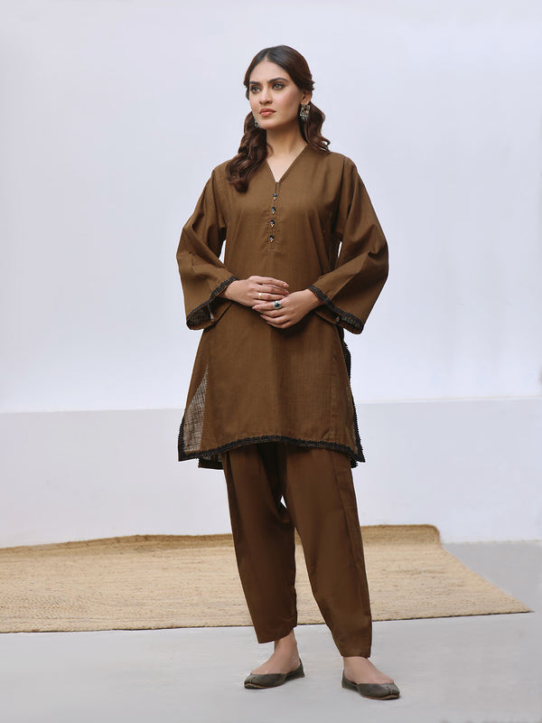 2Pc Solid Pret Shirt Trouser Khaddar Brown - OW2P-2408002