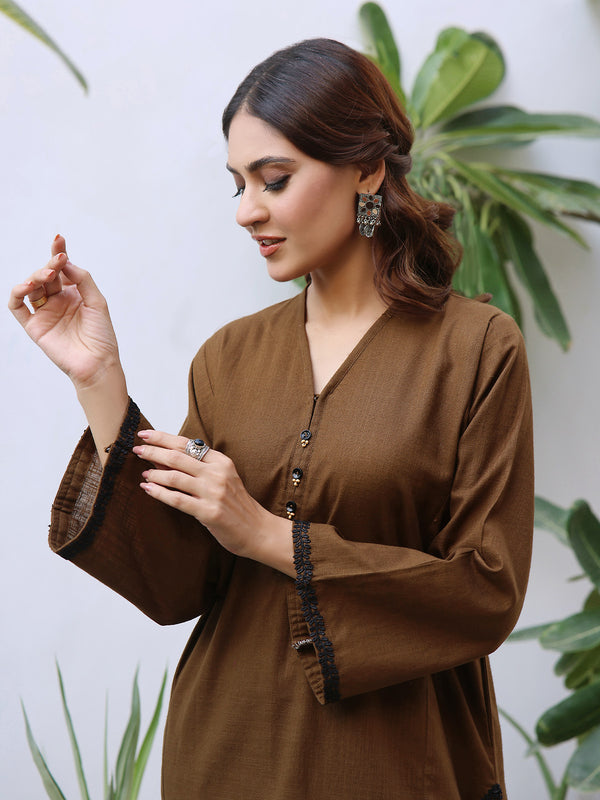 2Pc Solid Pret Shirt Trouser Khaddar Brown - OW2P-2408002