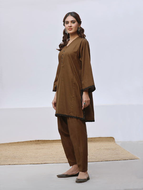 2Pc Solid Pret Shirt Trouser Khaddar Brown - OW2P-2408002