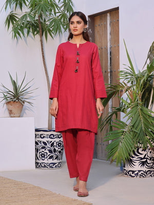2Pc Solid Pret Shirt Trouser Khaddar Red - OW2P-2408008