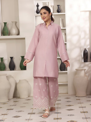 2Pc Solid Embroidered Pret Shirt Trouser Cotton Lilac