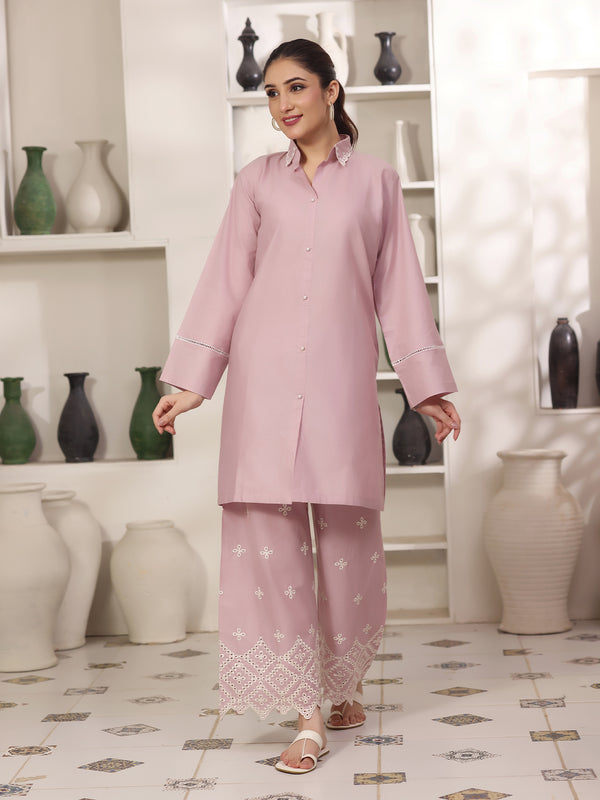 2Pc Solid Embroidered Pret Shirt Trouser Cotton Lilac