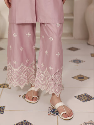 2Pc Solid Embroidered Pret Shirt Trouser Cotton Lilac