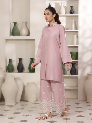 2Pc Solid Embroidered Pret Shirt Trouser Cotton Lilac