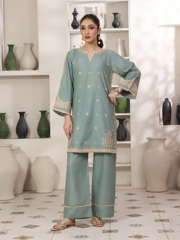2Pc Solid Embroidered Pret Shirt Trouser Cotton Green